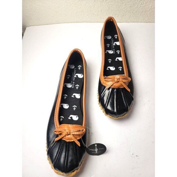 London Fog Women's Black & Tan Rubber Flats Bow Detail Size 6M - Picture 1 of 10